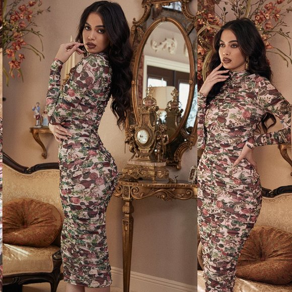 HOUSE OF CB 'Roseanne' Vintage Floral Ruched Midi Dress NWOT - Picture 3 of 10